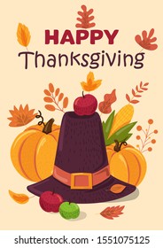 Happy Thanksgiving holiday flat vector greeting card template. Festive items color illustration