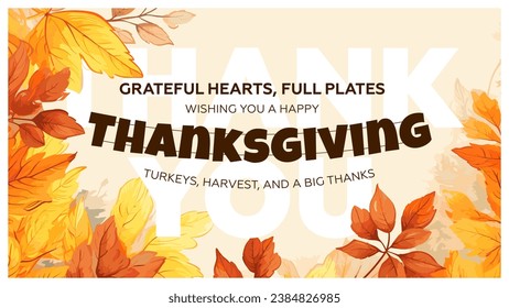 Happy Thanksgiving holiday horizontal banner. Traditional Thanks Giving day celebration vintage greeting card. Seasonal fall turkey and pumpkin pie family feast. Retro drawing art typography template