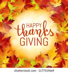 Happy Thanksgiving holiday poster, autumn red leaves background, brush pen calligraphy, vector illustration