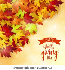 Happy Thanksgiving holiday poster, autumn red leaves background, brush pen calligraphy, vector illustration