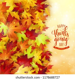 Happy Thanksgiving holiday poster, autumn red leaves background, brush pen calligraphy, vector illustration
