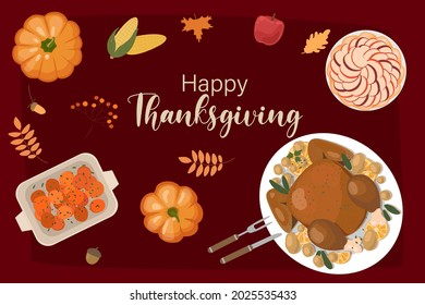 Happy Thanksgiving holiday vector  design template for posters, banners, invitations and greeting card.Happy Thanksgiving Day with traditional food, pumpkins and fruits. Turkey, pumpkin pie, potatoes.