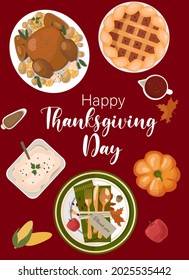 Happy Thanksgiving holiday vector  design template for posters, banners, invitations and greeting card.Happy Thanksgiving Day with traditional food, pumpkins and fruits. Turkey, pumpkin pie, potatoes.