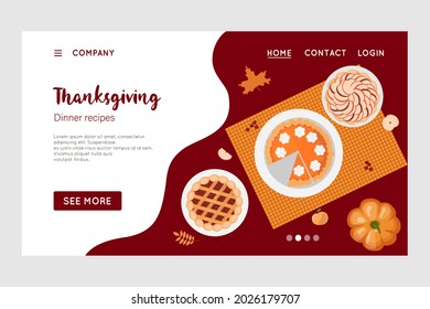 Happy Thanksgiving holiday vector design template for websites, posters, banners. Happy Thanksgiving with traditional food, turkey, pies, pumpkins and fruits. Vector website template.