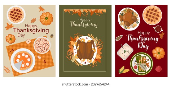 Happy Thanksgiving holiday vector  design template set for posters, banners, invitations and greeting card.Happy Thanksgiving Day with traditional food, turkey, fruits, pumpkin pie, potatoes.