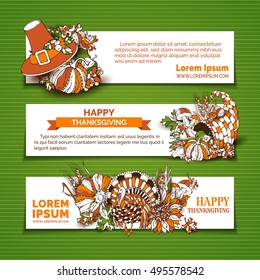 Happy Thanksgiving horizontal banner templates. Pumpkin, turkey, cornucopia, pilgrim's hat, wheat, corn, sunflower, grape, apple and pear, autumn leaves. Vector traditional harvest autumn symbols.