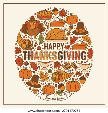 Happy Thanksgiving Icon Circle Pattern Vector with Turkey, Pies, and Harvest Food Elements