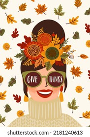 Happy Thanksgiving illustration. Cute lady in wreath and glasses. Vector design for card, poster, flyer, web and other use