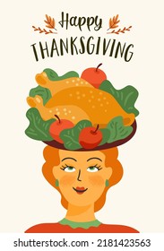 Happy Thanksgiving illustration. Cute lady with turkey on head. Vector design for card, poster, flyer, web and other use