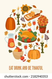 Happy Thanksgiving illustration with festive table, Vector design for card, poster, flyer, web and other use