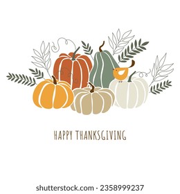 HAPPY THANKSGIVING. Illustration with pumpkins in natural pastel colors. Design in a flat style. Cartoon, doodle. Vector poster, postcard, banner, invitation, greeting.