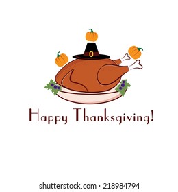 happy thanksgiving illustration with turkey, pilgrim hat and pumpkins