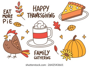 Happy Thanksgiving illustration with turkey, pumpkin pie, drink, leaves and family lettering, Flat Illustration