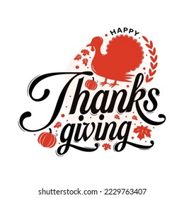 Happy thanksgiving illustration written with elegant autumn season calligraphy script and decorated with autumn foliage