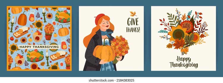 Happy Thanksgiving illustrations. Set of vector designs for card, poster, flyer, web and other use