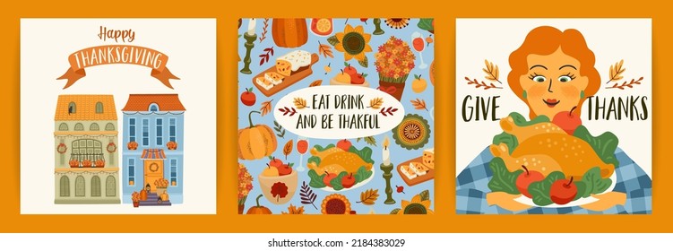 Happy Thanksgiving illustrations. Set of vector designs for card, poster, flyer, web and other use