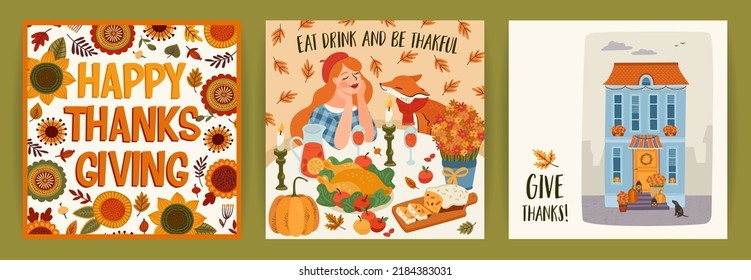 Happy Thanksgiving illustrations. Set of vector designs for card, poster, flyer, web and other use