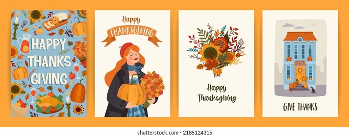 Happy Thanksgiving illustrations. Set of vector designs for card, poster, flyer, web and other use