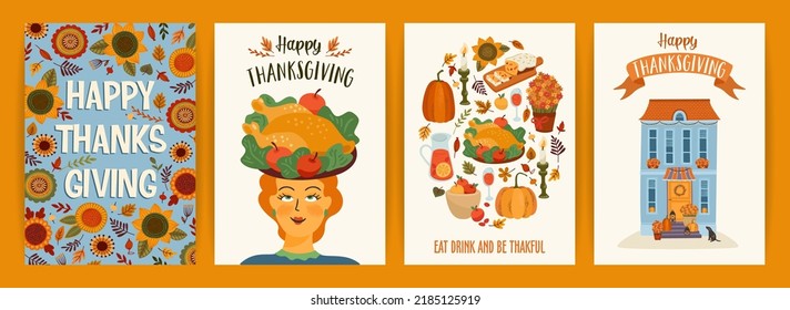 Happy Thanksgiving illustrations. Set of vector designs for card, poster, flyer, web and other use