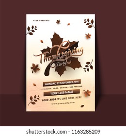 Happy Thanksgiving invitation card with maple leaves, date, time and venue details on brown background.