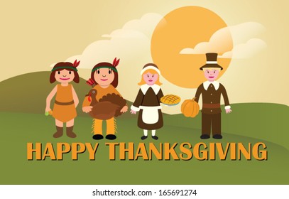 Happy Thanksgiving Invitation Template -  Illustration with Indians and Pilgrims