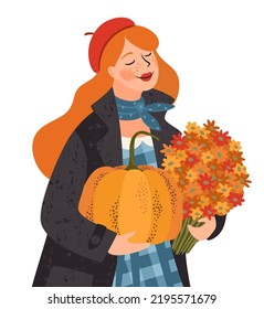 Happy Thanksgiving isolated illustration. Cute lady with pumpkin and flowers. Vector design for card, poster, flyer, web and other use
