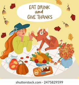 Happy Thanksgiving isolated illustration.  Cute lady, girl with ginger cat at festive table. Thanksgiving, fall mood. Hand drawn vector illustration.