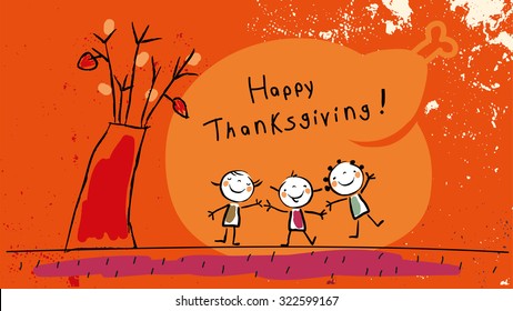 Happy thanksgiving, with kids vector illustration. Childlike drawing, scribble.