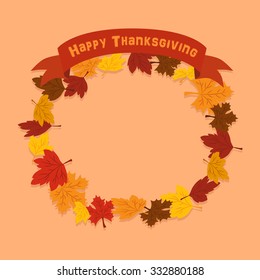 Happy Thanksgiving Leaf Banner. Illustration of thanksgiving greeting card with autumn leaves in simple orange background.
