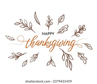 Happy Thanksgiving lettering background with leafs. Vector illustration