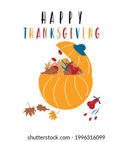 Happy Thanksgiving lettering and cut pumpkin with autumn leaves and fruits inside. Autumn greeting card or print. Vector illustration 