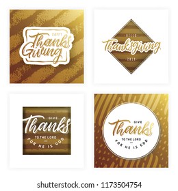 Happy Thanksgiving lettering. Gold leaves, pumpkin on black and white striped background. Fashion autumn set design for greeting card and invitation of seasonal fall holidays, halloween, Give thanks