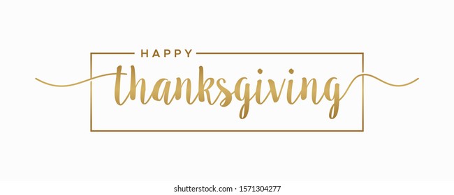 Happy Thanksgiving lettering hand drawn calligraphic gold text with square isolated on white background vector illustration. usable for web banners, posters and greeting cards 