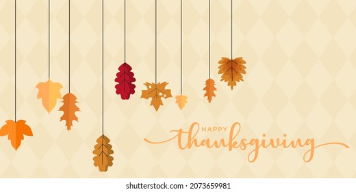 Happy Thanksgiving lettering hand drawn calligraphic with autumn leaf vector illustration. usable for web banners, background, posters and greeting cards