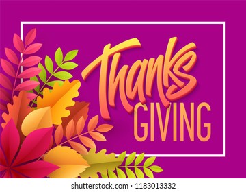 Happy Thanksgiving lettering with paper autumn leaf. Vector illustration EPS10
