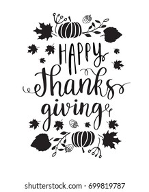 Happy Thanksgiving lettering phrase and autumn harvest symbols on white background. Vector illustration 