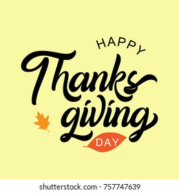 Happy Thanksgiving lettering phrase and autumn harvest symbols on yellow background. Vector illustration