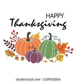 Happy Thanksgiving lettering typography with colorful vivif cute hand drawn autumn leaves, acorn, fruits, berries and pumpkins. Isolated on white background. Vector EPS10 calligraphy for postcard