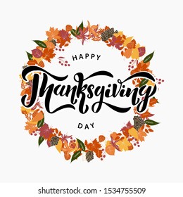 Happy Thanksgiving lettering typography poster.  Vector vintage autumn calligraphy for card, postcard, event icon logo or badge. 