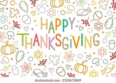 Happy Thanksgiving line art style greeting card. Autumn background pattern, vector.