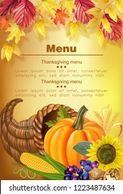 Happy thanksgiving menu Vector realistic. Pumpkin, and sunflower. Autumn fall 3d detailed symbols illustrations