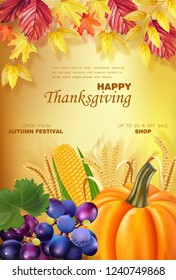 Happy thanksgiving menu Vector realistic. Pumpkin and fruits. Golden leaves background. Autumn fall 3d detailed symbols illustration