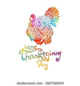 Happy Thanksgiving. Multi-colored turkey. Vector illustration