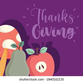 happy thanksgiving, mushroom apple pear greeting card vector illustration