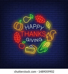 Happy Thanksgiving neon sign. Glowing neon text. Leaves, discounts, Thanksgiving day. Night bright advertisement. Vector illustration in neon style for cafe, restaurant, shop