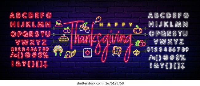 Happy Thanksgiving neon sign with a set of icons. Glowing neon Thanksgiving text. Night bright advertising. Vector illustration in neon style for cafe, restaurant, store