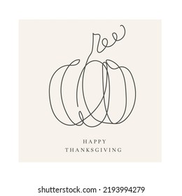 Feliz Día de Acción de Gracias tarjeta de bienvenida neutral con un ícono de calabaza de arte de una línea. Ilustración vectorial de fondo de caída minimalista. Diseño continuo de línea de otoño para invitación, tarjeta de saludo, banner