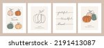 Happy Thanksgiving neutral greeting cards set with one line art pumpkins and lettering. Modern fall holiday background set vector illustration. Single line fall decorative posters.