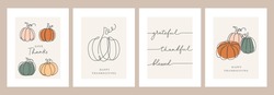 Happy Thanksgiving Neutral Greeting Cards Set With One Line Art Pumpkins And Lettering. Modern Fall Holiday Background Set Vector Illustration. Single Line Fall Decorative Posters.