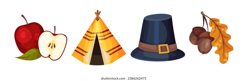 Happy Thanksgiving Objects with Apple, Wigwam, Pilgrim Hat and Acorn Vector Set